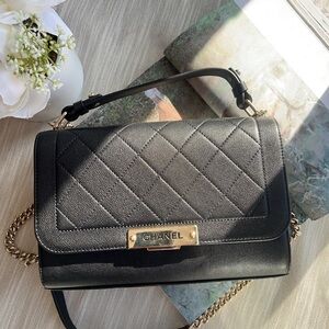 Chanel Quilted Caviar Label Click Flap Leather Top Handle Bag Black